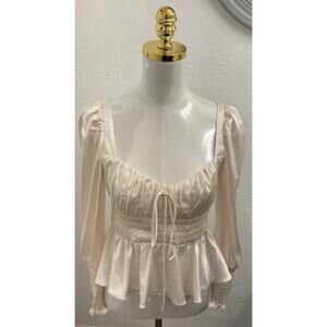 Boohoo Ivory Satin Milkmaid Puff Sleeve Top Size 2 Smocked Coquette Boho Revival